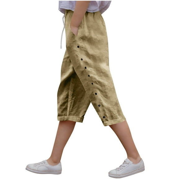 ZACPNCV Linen Pants Girls Summer Capri Shorts Lightweight Drawstring Pants Trendy Straight Leg Pant Button Pant with Pockets Beige 6-7 Years