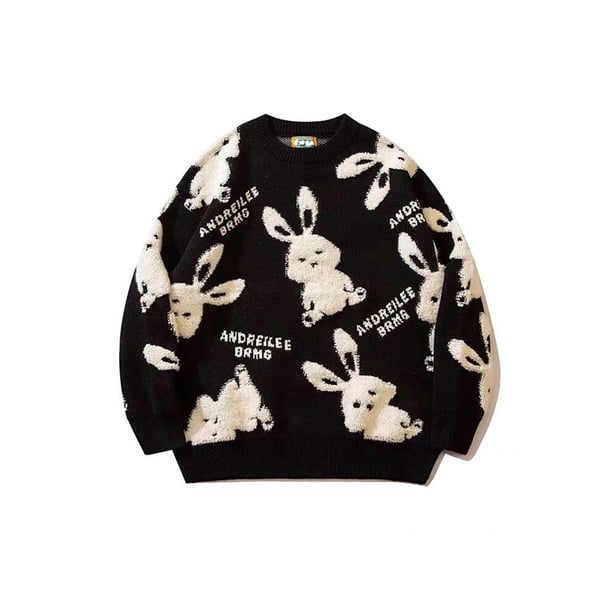 Capreze Women Knitted Sweaters Crew Neck Sweater Long Sleeve Jumper Tops  Loose Pullover Rabbit Print Black M - Walmart.com