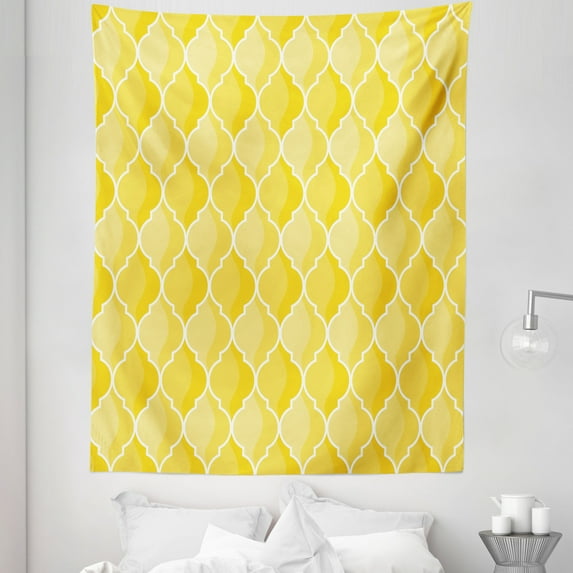 Yellow Tapestry, Moroccan Trellis Pattern in Yellow Tones Vintage Eastern Pattern, Fabric Wall Hanging Decor for Bedroom Living Room Dorm, 5 Sizes, Mustard Yellow White, by Ambesonne