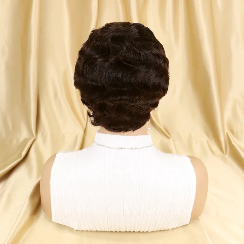 Short Pixie Cut Wigs for Black Women Mommy Brazilian Finger Ocean Wave Full Machine Made Remy Human Hair Cheap Wig for Party Dark Brown Color