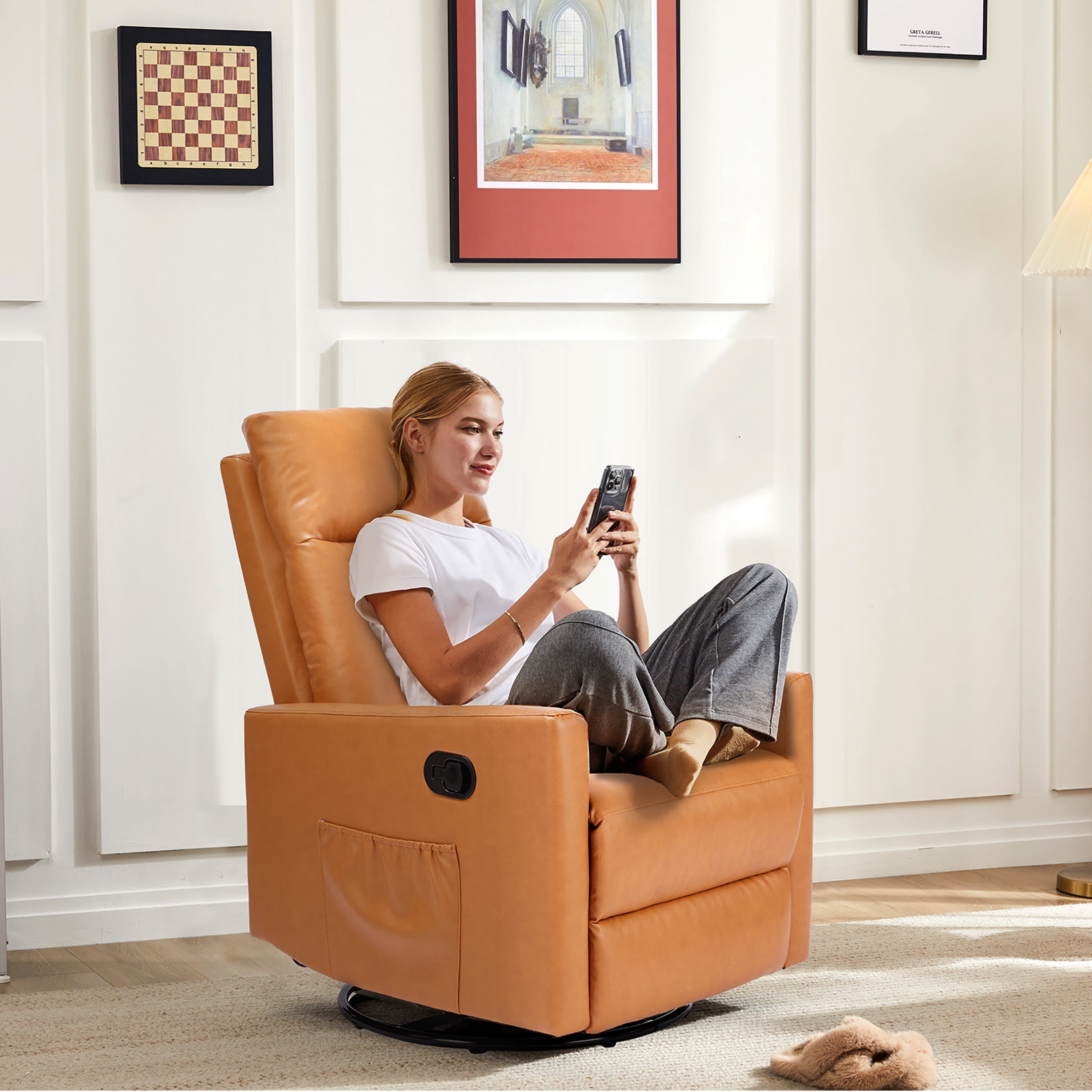 edx Swivel Rocking Chair, Sofa Recliner, Adjustable Baby Sliding Chair with Head Support for Living Room, Bedroom, Brown
