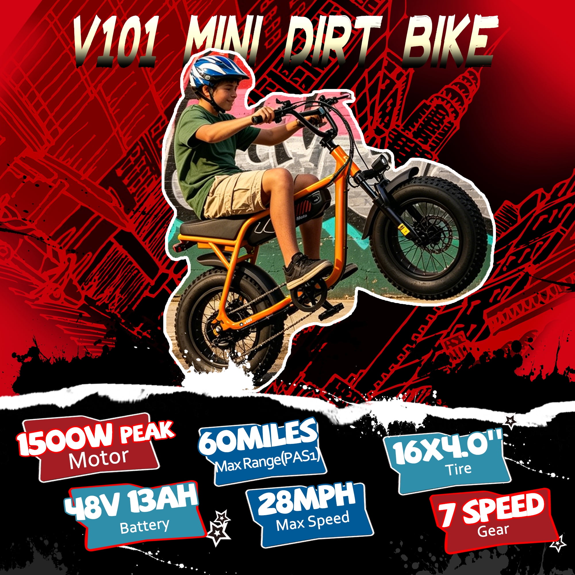 ESKUTE V101 Electric Bike for Adults & Teens 750W Peak 1500W, 28MPH, 48V 13Ah Battery, 16"x4.0" Fat Tire E-Bike, 7-Speed, Front Suspension, All-Terrain Ebike Orange, UL2849