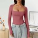 thumbnail image 2 of Camiseta sexy de cuello cuadrado y manga larga - Abrigo de otoño para chicas guapas, tejido suave y elástico, diseño a juego, adecuado para ocasiones informales, 2 of 5