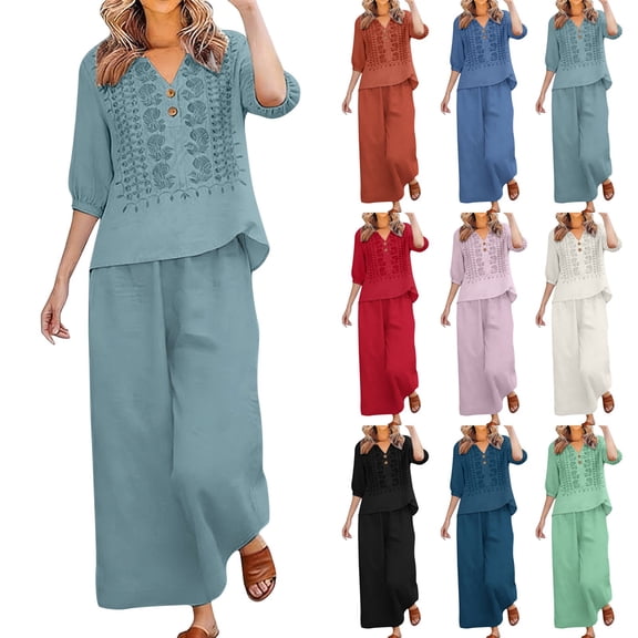 Women's Cotton Linen Embroidered Shirt and Wide Leg Pants Two Piece Set
