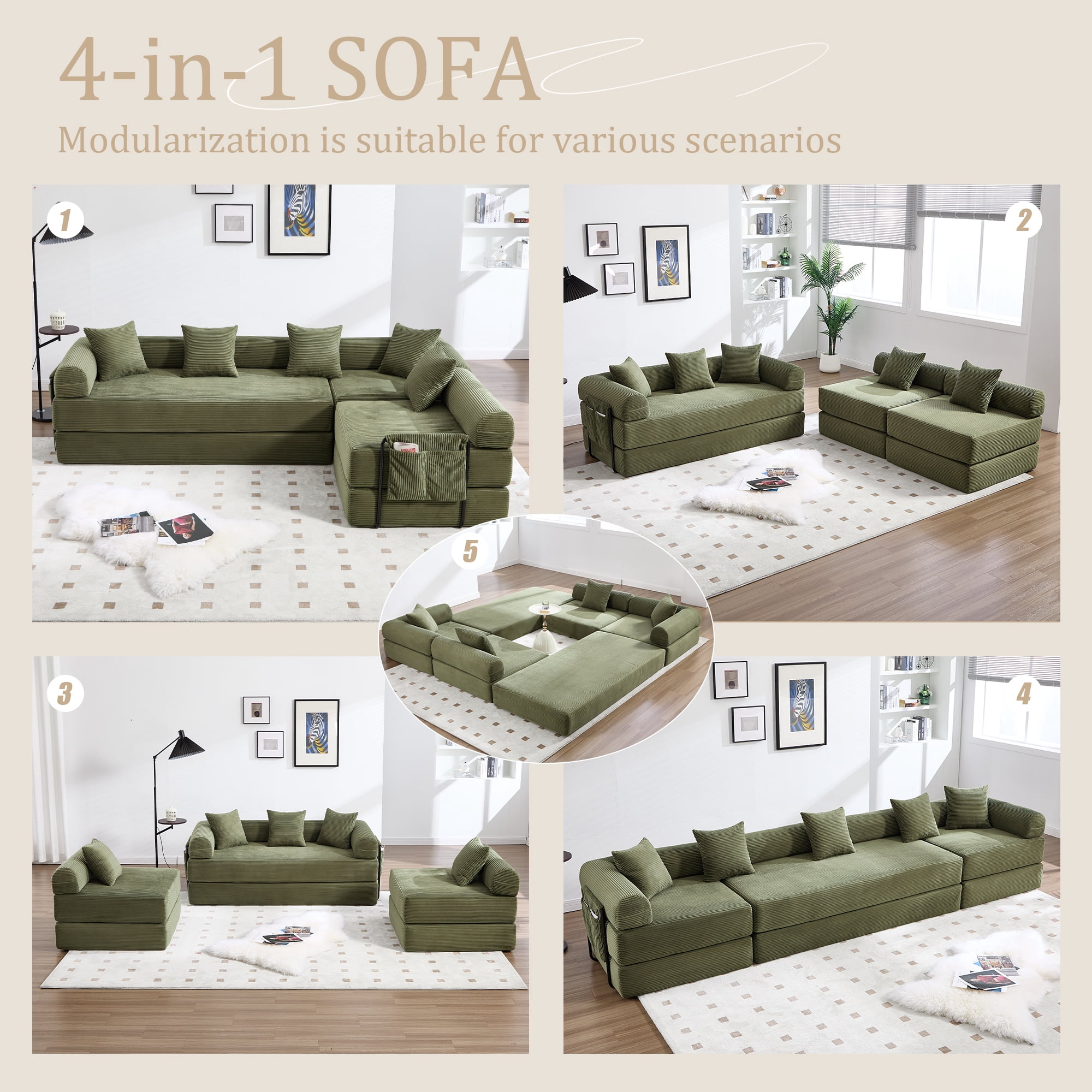 MOONMISS Corduroy Upholstered Convertible Folding Sofa Bed with Fixed Frame and Pillow Back Handrail-Olive Green