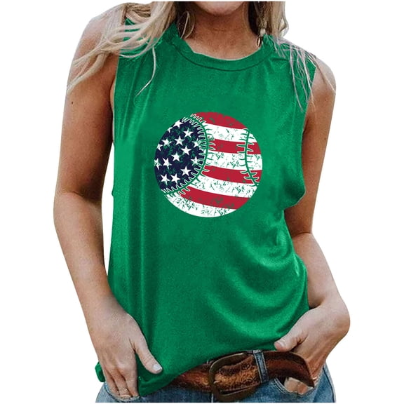 Usmisi 4th of July Tank Tops Independence Day Patriotic Tshirts Loose Fit Breathable Vest Womens Fashion Baseball US Flag Print Round Neck Sleeveless Summer Blouses Green l
