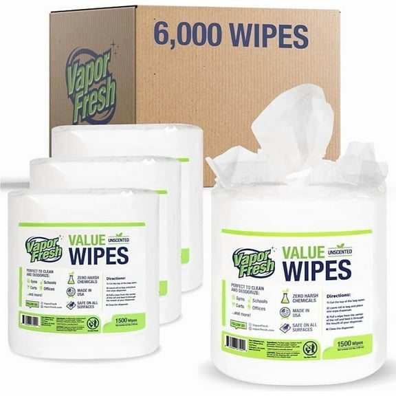 Vapor Fresh Value Wipes - 1,500 Count x 4 Rolls (6,000 Total Wipes) Plant Powered Commercial Grade Cleaner For Gym Equipment, Fitness Studios, Spas, Schools - Bulk Refill Rolls - Unscented