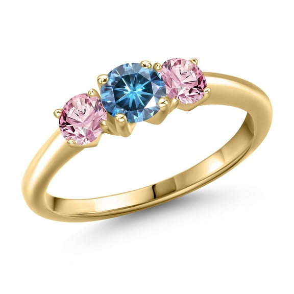 Gem Stone King 10K Yellow Gold Persian Blue Moissanite and Pink Lab Grown Diamond Engagement Ring for Women | 1.00 Cttw | Round 5MM | Gemstone Birthstone | Size 9