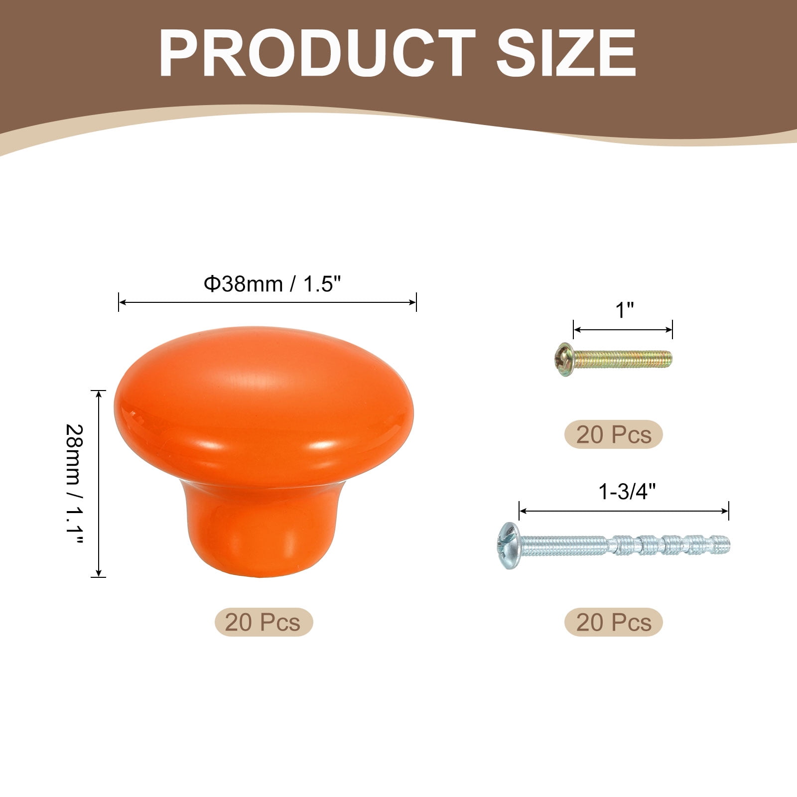 Uxcell 20 Pack Ceramic Cabinet Knobs, 38mm/1.5" Mushroom Round Shaped Drawer Knobs Dresser Knob Pulls Handle with Screws for Wardrobes Bedroom Furniture Closet Cupboard, Orange