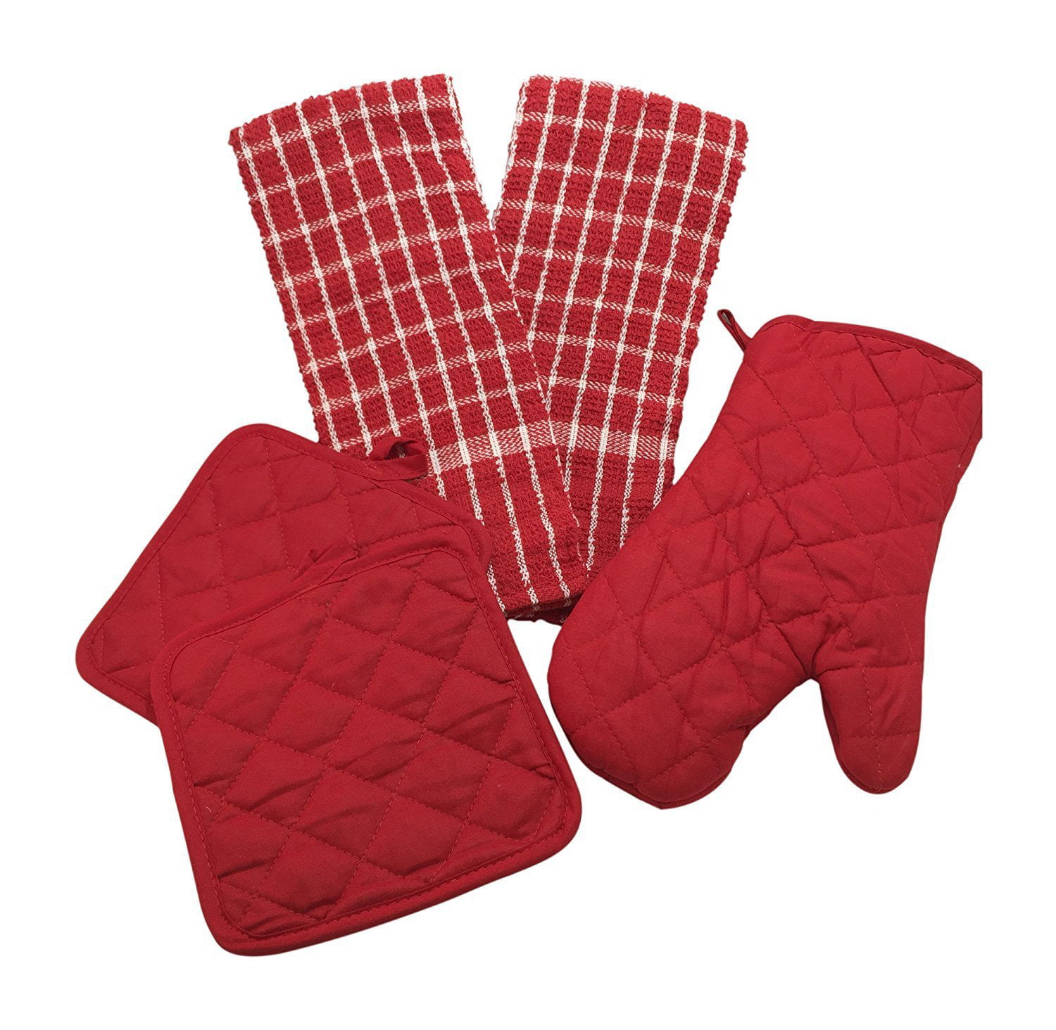 Greenbrier Red Check Kitchen Linen Set of 5 pieces Includes Potholders Oven Mitt Dish Towels 