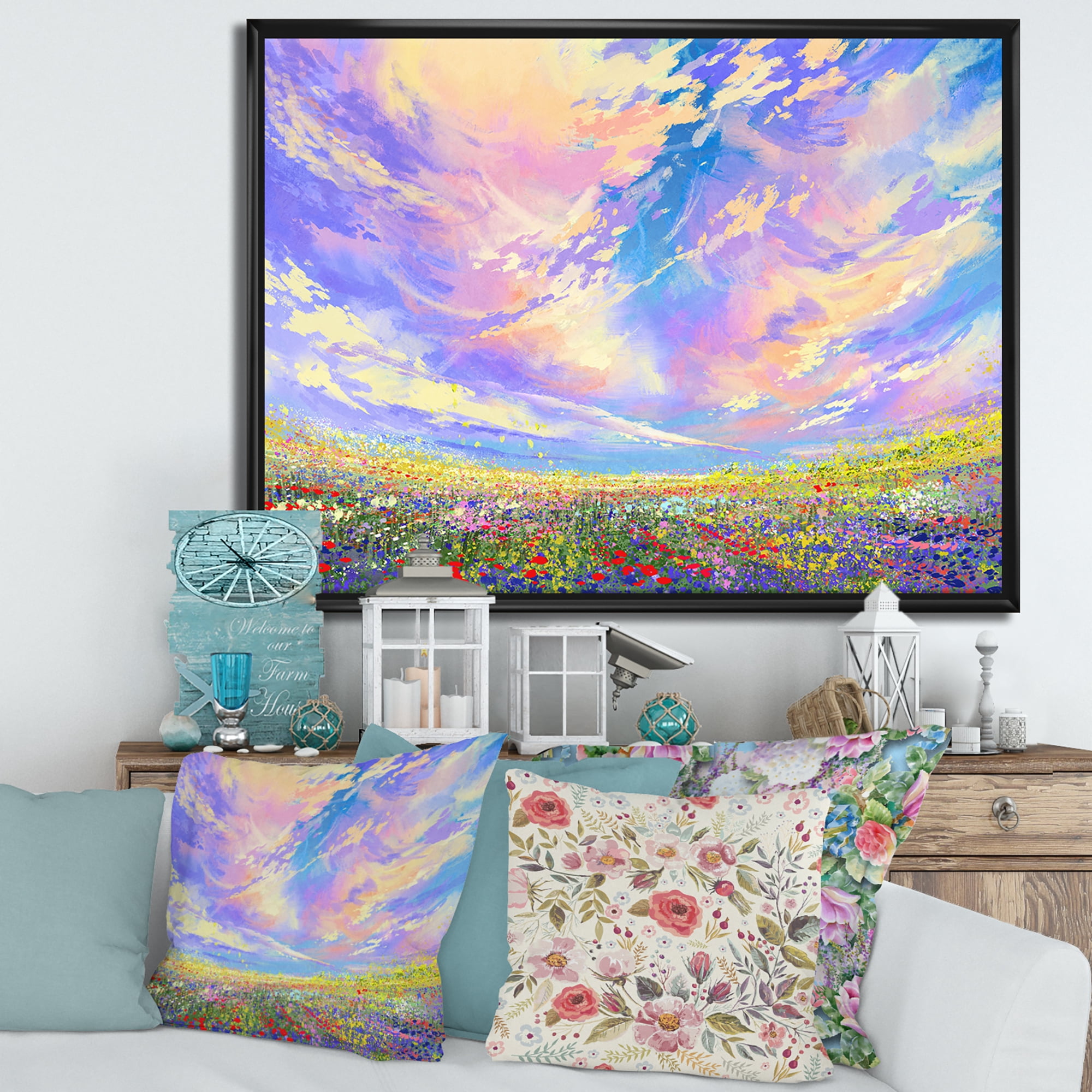 Designart 'Gorgeous Clouds Over Colorful Flowers In Field' Traditional Framed Canvas Wall Art Print