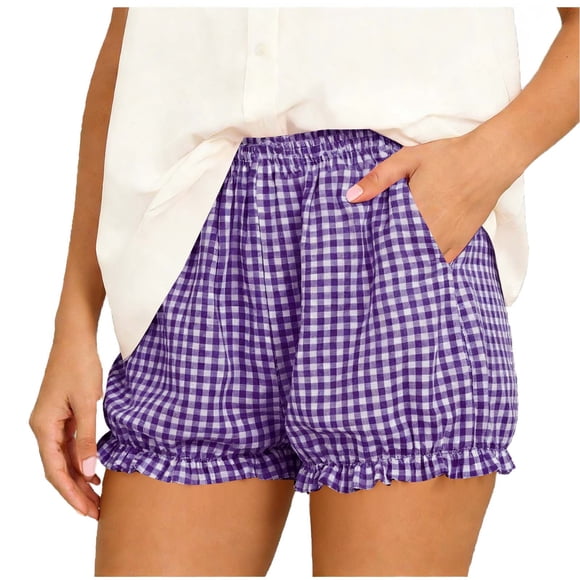 BLVB Women Lounge Plaid Shorts Cute Ruffle Bloomers Elastic Waist Shorts Pajama Bottoms Streetwear with Pockets