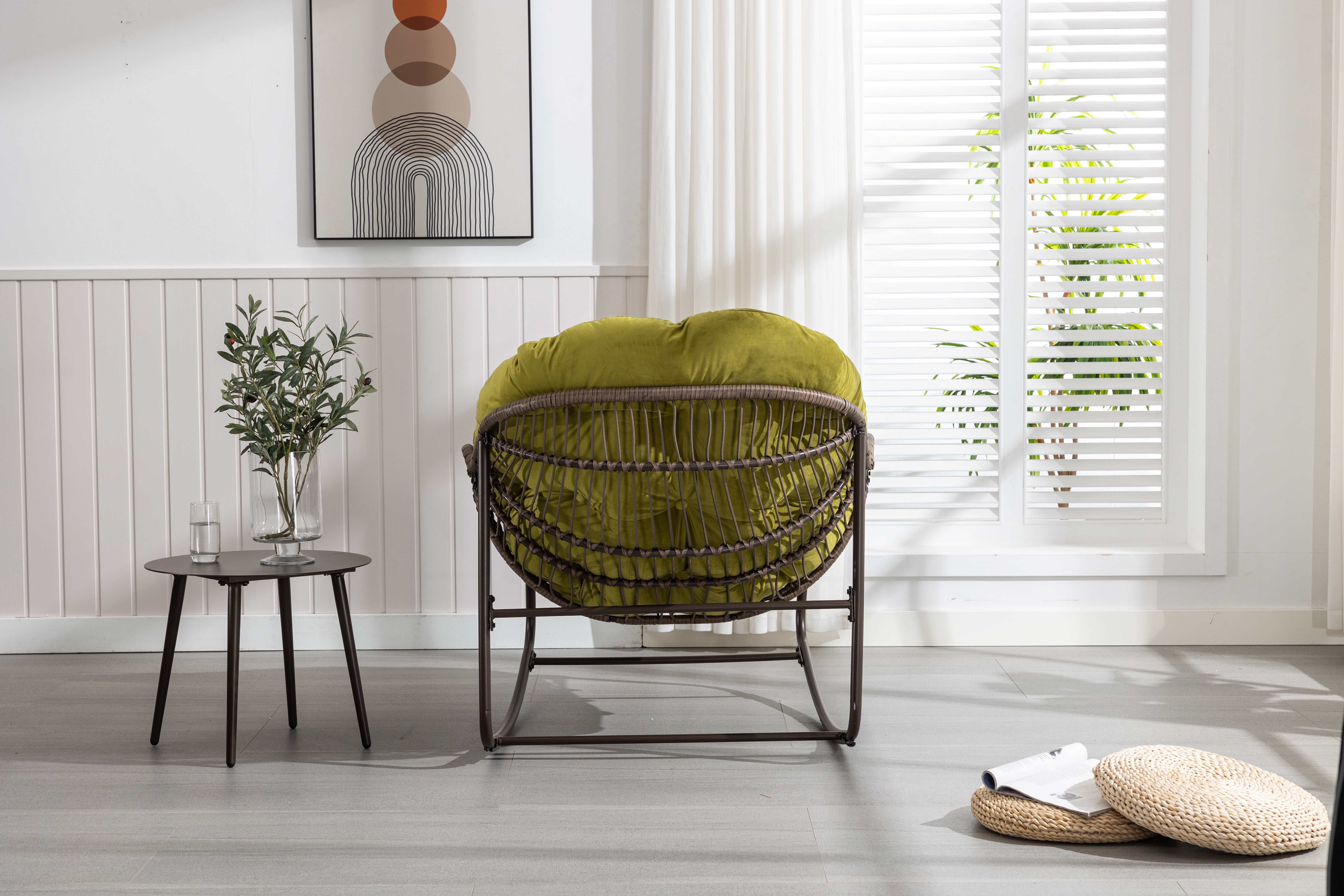 Outdoor Rattan Rocking Chair Oversized with Padded Cushion, Hand-Woven Egg Rocker Chair for Patio and Front Porch, Olive Green
