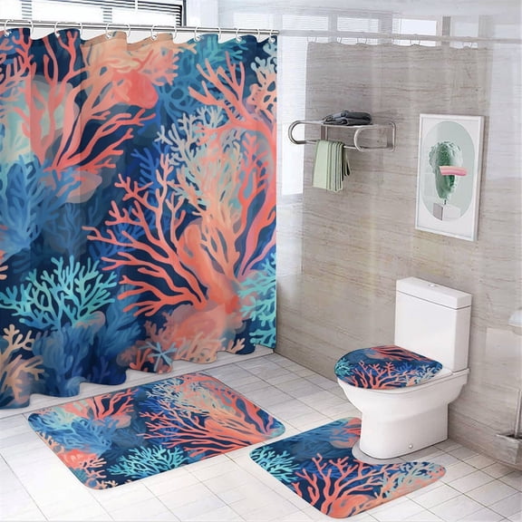 Coral 4 Pcs Bathroom Shower Curtain Set, Bathroom Sets with Rugs (Bath Mat, U Shape and Toilet Lid Cover Mat) and 12 Hooks,