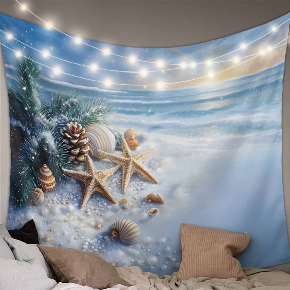 Christmas Beach Tapestry for Bedroom Wall Hanging Tapestry, Blue Shell Starfish Conch Pine Cone Snow Ceiling Backdrop Tapestries Poster Blanket Wall Decor for Teens Room Living Room Dorm 39" x 59"