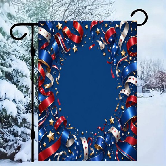 RKSupls Patriotic Linen Double Sided Garden Flag, Independence Day Themed Yard Decor, Patriotic Ribbons Stars Blue Background Outdoor Banner for Holiday Lawn