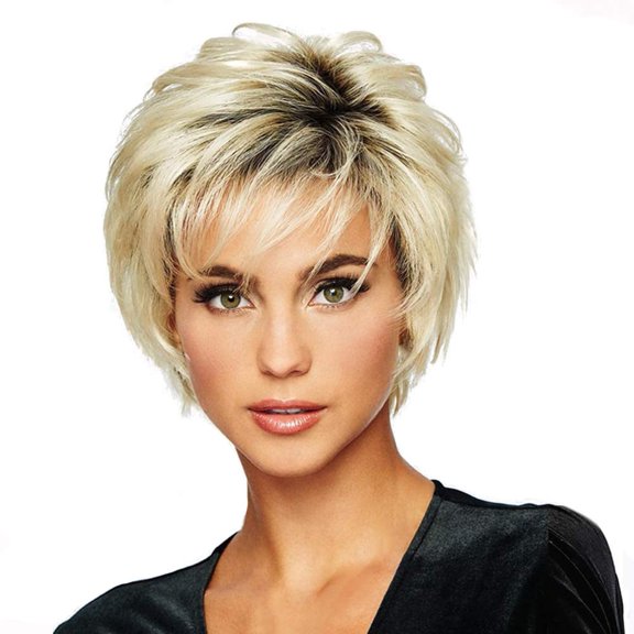 European Gradual Color Changing Short Curly Wig with Rose Mesh Headband for Women