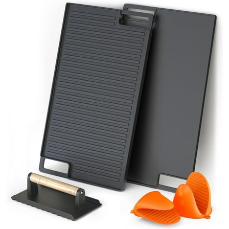 Mibote Reversible Cast Iron Grill and Griddle Plate Pan Set,Works on Stove,Grill,and Fire,Black10.1" x 17.9"