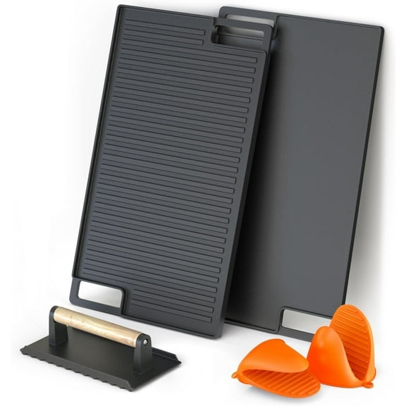 Mibote Reversible Cast Iron Grill and Griddle Plate Pan Set,Works on Stove,Grill,and Fire,Black10.1" x 17.9"