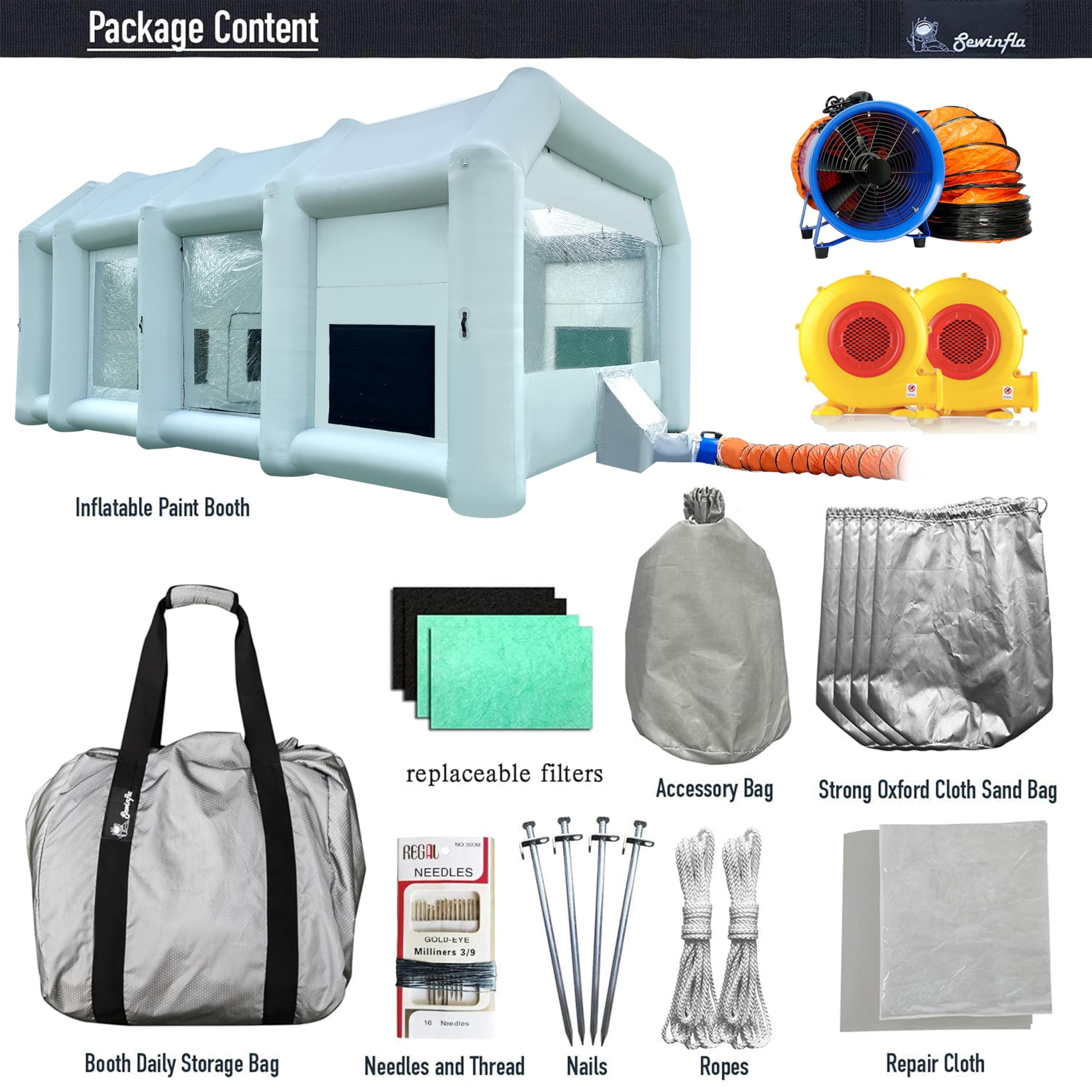 Sewinfla Inflatable Paint Booth with Mini Air Extractor Device, 30x20x13Ft Portable Spray Paint Booth with High Efficient Ventilation System for Cars (8.5x4.5x3.35m)
