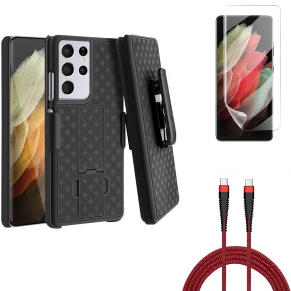 Case Belt Clip & 10ft PD Cable & Matte Screen Protector for Samsung Galaxy S21 Ultra Phone - Holster Swivel & Type-C to USB-C Charger Cord & TPU Film Anti-Glare Accessory Bundle