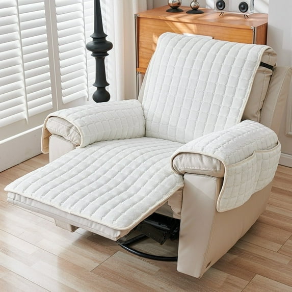 Mictong single recliner sofa cover with pocket, armchair cover, plush sofa cover, anti slip lazy chair cover, suitable for home decoration, white, 1 piece