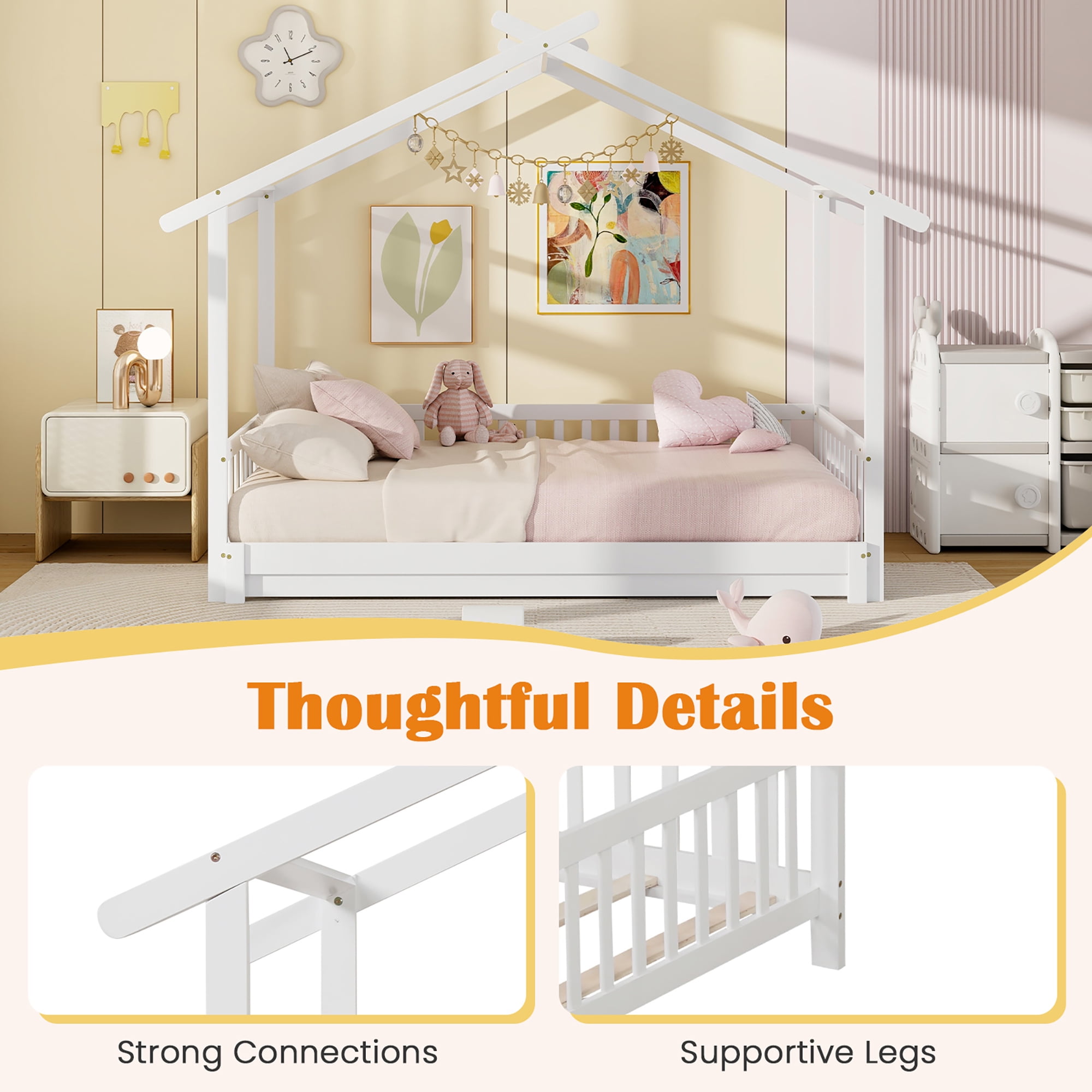 Gymax Wooden House Bed Twin to King Daybed w/ Safety Rails & Decorable Roof White