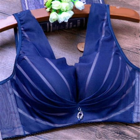 

Seamless Bralette Plus Size Bras for Women Wireless Push Up Full Cup Underwear Adjustable Large Size Striped Bra(Blue 70AB)