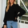 thumbnail image 2 of Camisa de punto suizo para mujer, puños fruncidos, botonadura única, cuello vuelto, blusa de ocio de manga larga abombada, 2 of 7