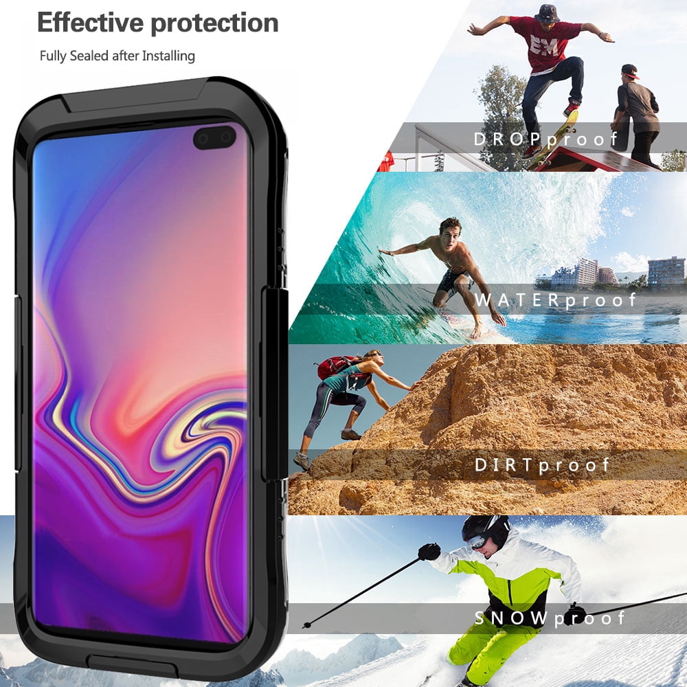 Waterproof Fully Sealed Hard Case For Samsung Galaxy S10 Plus With Plastic Screen Protector Cover For Swimming, Beach, Camping, Vacation Outdoor Use (Black)