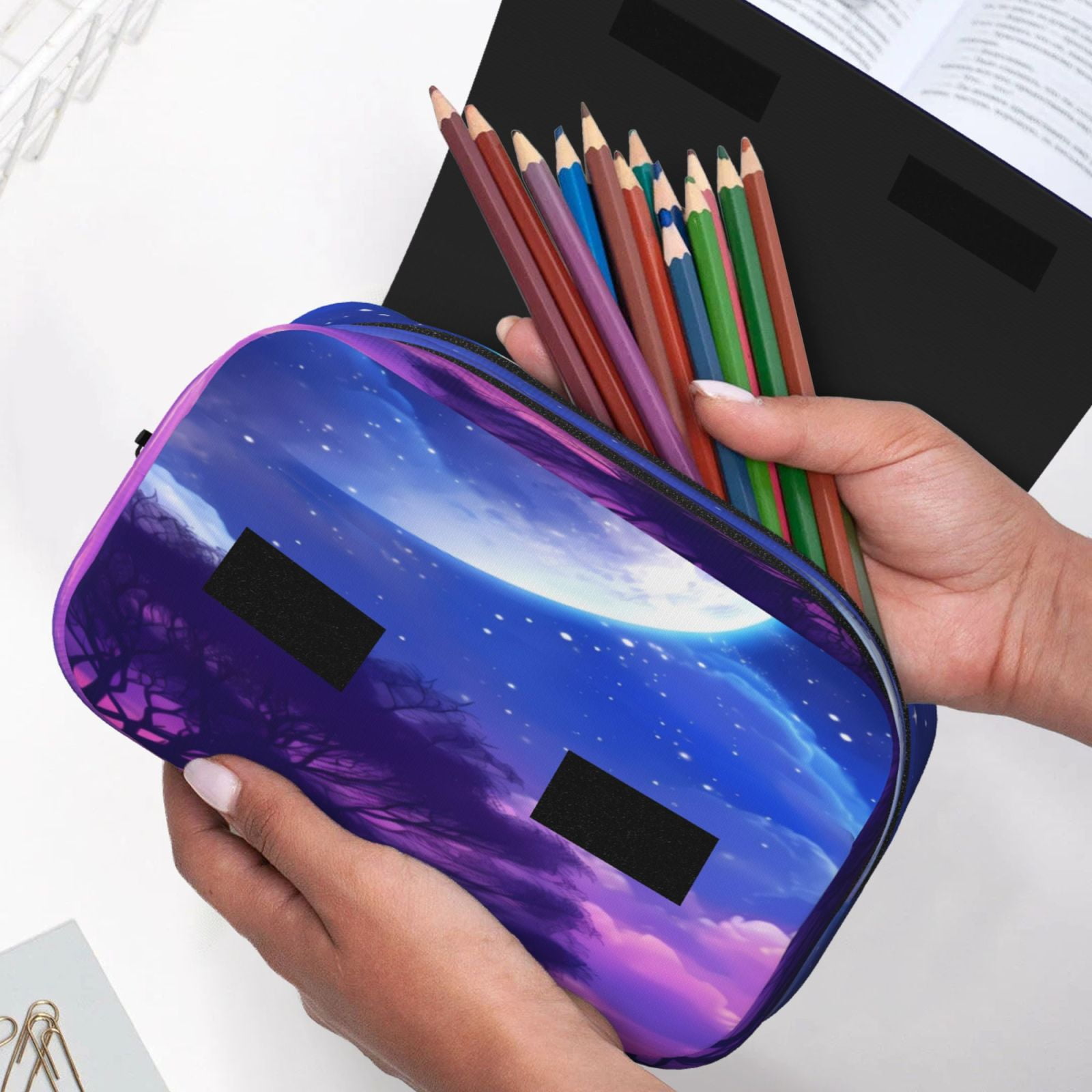 Rateoe Dreamy Colorful Starry Sky Pattern Double Clamshell Pen Case, Storage Organizer with Two Zipper Compartments– Holds Up to 50 Pencils & Pens