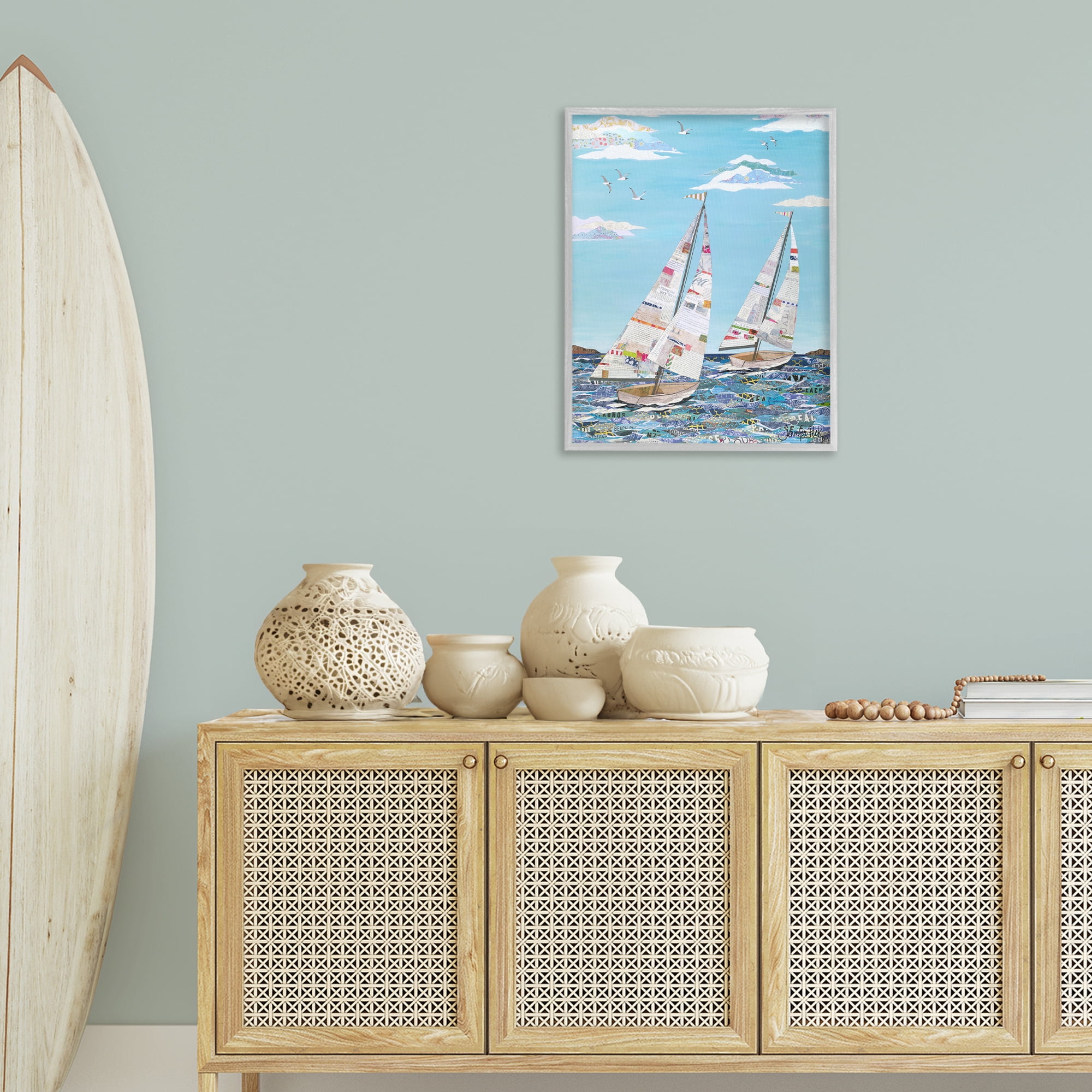 Stupell Industries Collaged Sailboat Pair Transportation Painting Gray Framed Art Print Wall Art, 24 x 30