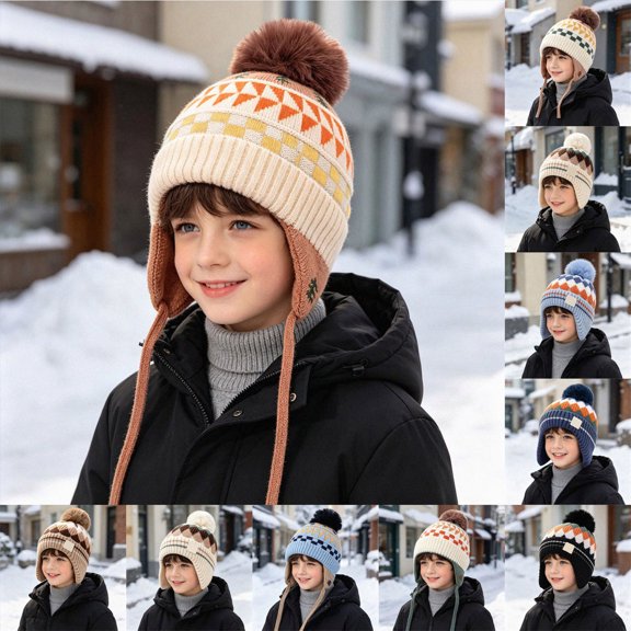 Beanie Knitted Hat Cute Diamond Pattern School Casual Daily Wear Kids Hat Boys Beanie for 3-8 Years Toddler Kids
