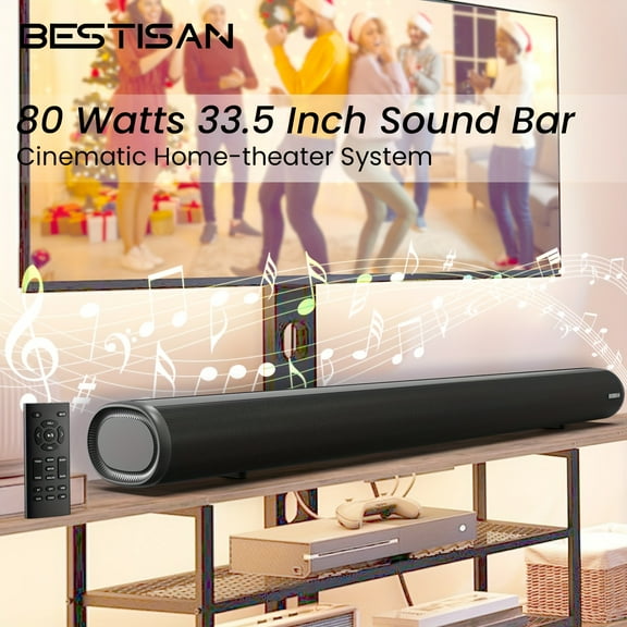 FANRUINA 80W Sound Bar with Wireless 5.0, 33.5" Home Theater Speaker, ARC/Optical/Coaxial/AUX/USB, Bass & Treble Control, Wall-Mountable for TV/PC/Gaming, Black