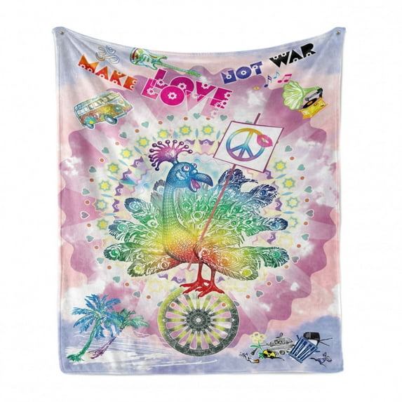 Thanksgiving Soft Flannel Fleece Blanket, Tropical Hippie Turkey Love Lettering Sunshine Hearts Beachy 60s Peace Vintage, Cozy Plush for Indoor and Outdoor Use, 70" x 90", Multicolor, by Ambesonne