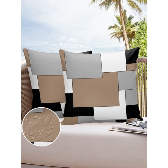 Outdoor Throw Pillow Cover Grey Black Brown Splicing Waterproof Cushion Covers 2 Pack Modern Abstract Minimalist Art Pillow Cases Home Decoration for Patio Garden Couch Sofa