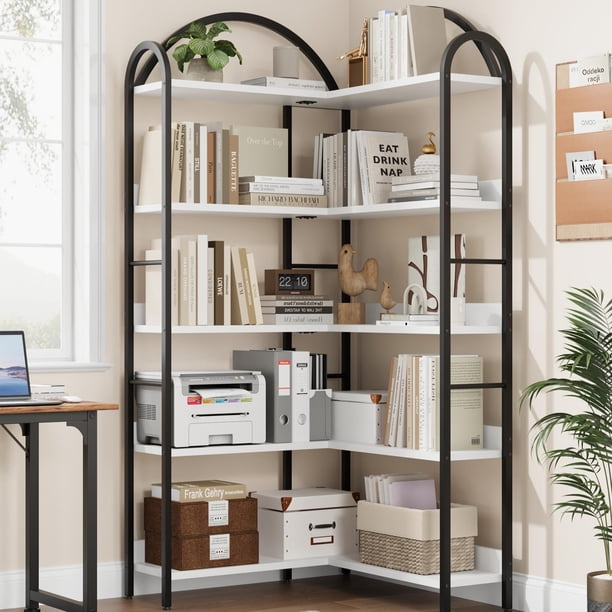 5 niveles esquina estante arched metal frame - an industrial forma l estante libros combining wood y metal abiertos almacenamiento, great living rooms, bedrooms, kitchens, y home offices (blan...