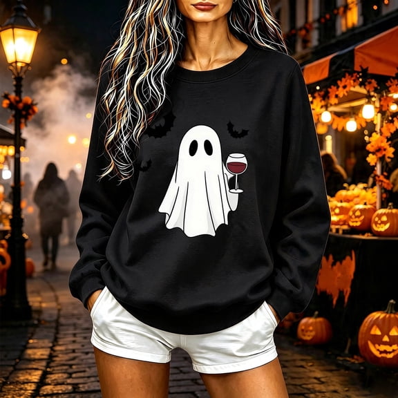 Alllist Women'S Fall Winter Tops Long Sleeve Crew Neck Halloween Black Sweatshirt Relaxed Fit Bat Ghost Refined Tops Black,L