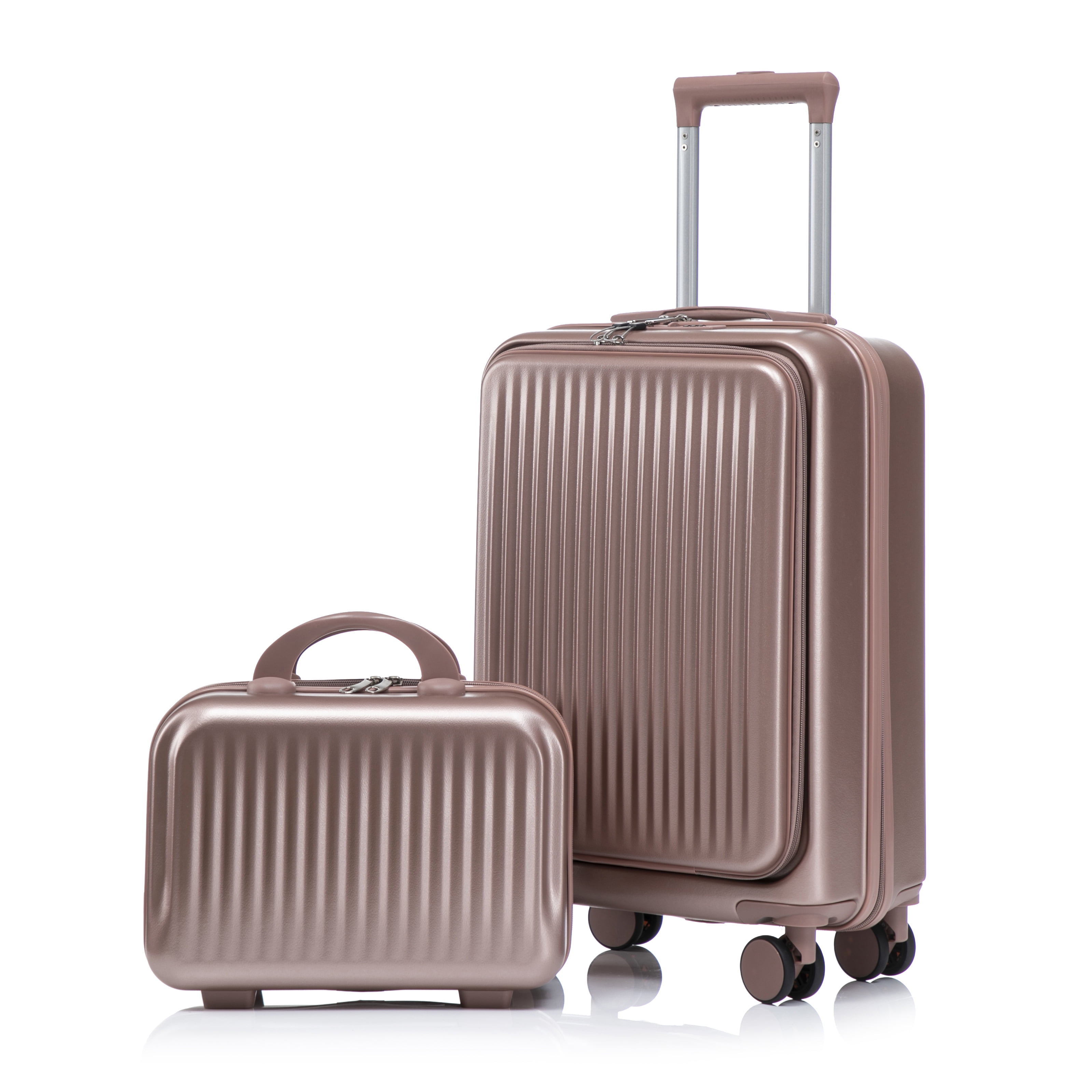 14"/20" 2 pcs/set in ABS Spinner Wheel Luggage, with Combination Lock and Front Opening Design, 14" Cosmetic Case (Champagne)