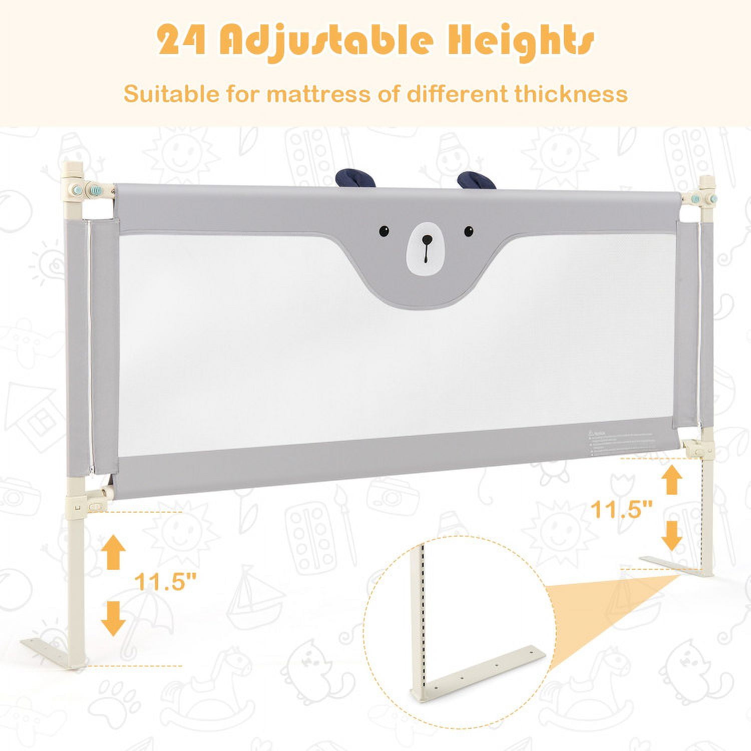 Spaco 69 inch Vertical Lifting Baby Bedrail Guard with Lock, Toddler Bed Rail, Bed Rail for Toddlers, Bed Rail for Queen, King, Twin, and Bunk Size Beds, Gray