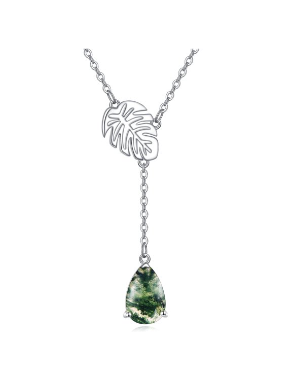 Monstera Leaf Moss Agate Necklace Sterling Silver Monstera Pendant Y necklac Jewelry Gifts for Women