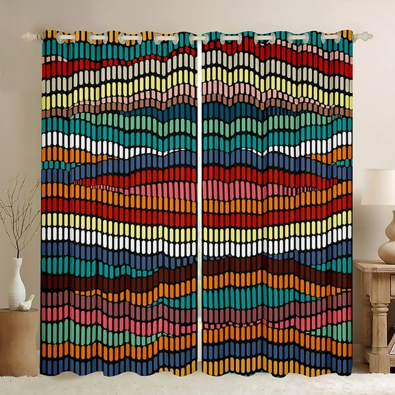 Manfei Colorful Stripes Black Out Curtains, Contemporary Abstract Curtains Pack of 2 (42x63 Each), Wave Lines Bedroom Curtains, Luxurious Home Decor