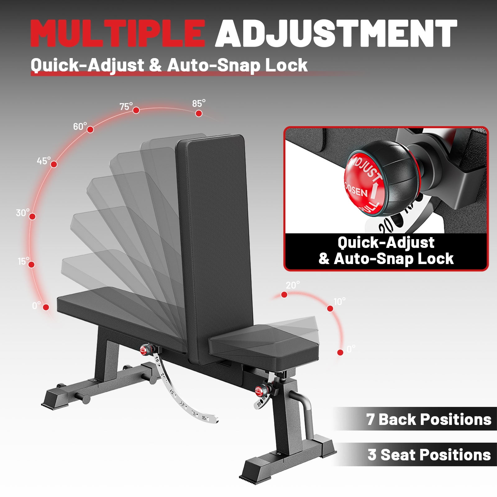 ROALW Heavy-Duty Adjustable Weight Bench for Curls & Full-Body Workout, Two-Way Angle Adjust, Extended Easy-Clean Backrest, Built-In Wheels for Home Gym