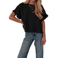 thumbnail image 2 of Women's Knit Crochet Short Sleeve Round Neck Ruffled Hem Pullover Fall Sweater for Casual Summer Black L, 2 of 8