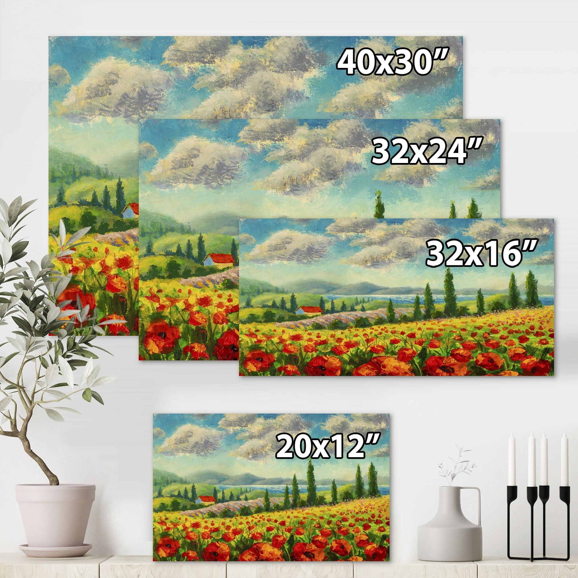 Designart ' Beautiful Landscape With Poppies Flowers By Riverside ' Traditional Canvas Wall Art Print