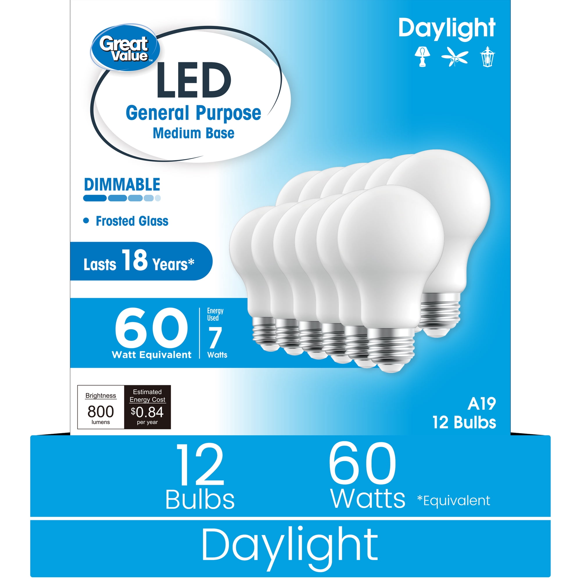 Great Value A19 LED Light Bulb, 60W Equivalent, Dimmable Daylight, E26 Medium Base, 12 Pack
