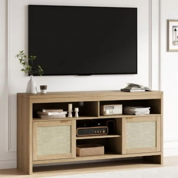 Juiluna Boho TV Stand for TV up to 65 Inch,58"Modern Rattan Entertainment Center with Storage and Adjustable Shelves,Wooden Media TV Console Cabinet with Doors for Living Room/Bedroom/Apartment/Farmho