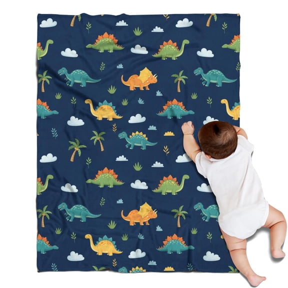 Dark Blue Dinosaurs Palms Clouds Pattern Blanket,Comfortable Soft Flannel Throw Blanket,All Season,Warm Lightweight Blankets for Sofa Bed Couch Living Room Chair,30"x40"