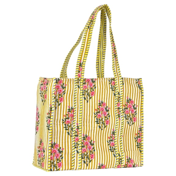 Vivanta Block Print Cotton Quilted Tote Bag, Large, Pink Floral, Handmade Reusable Cotton Shoulder Bag for Women, Shopping, Grocery, Travel, Work and Beach