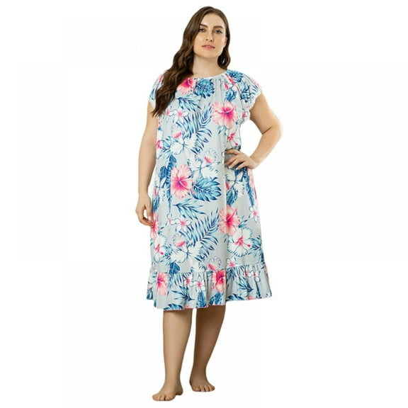 Women's Floral Printed Short Sleeves Oversized Maxi Dress Sleep Loungewear
